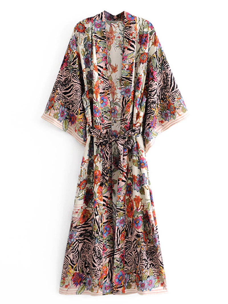 Beachwear Floral Print Black Color Cotton Long Length Gown Kimono Duster Robe - Image 2