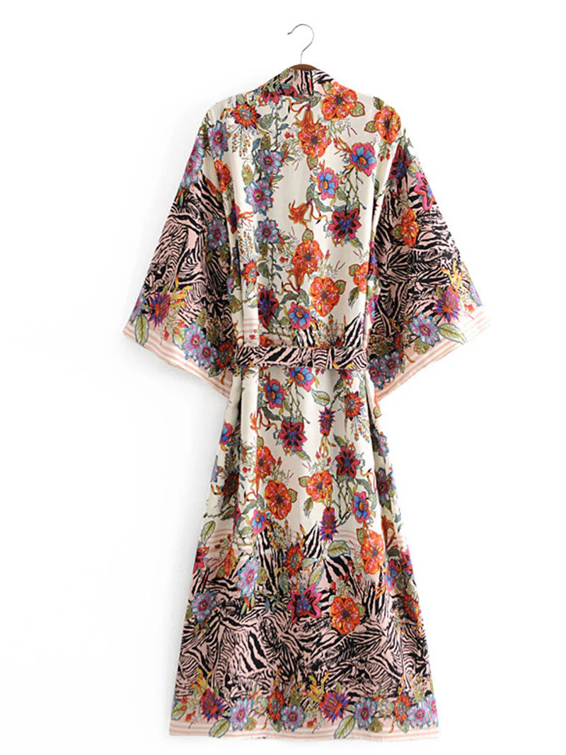 Beachwear Floral Print Black Color Cotton Long Length Gown Kimono Duster Robe - Image 3
