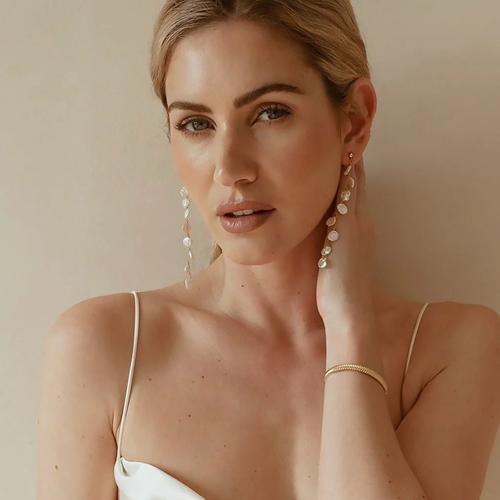 Wedding 18K Gold Plated Baroque Petal Pearl Cable Chain Drop Earrings - Image 2