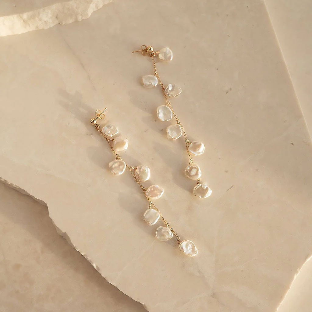 Wedding 18K Gold Plated Baroque Petal Pearl Cable Chain Drop Earrings - Image 4