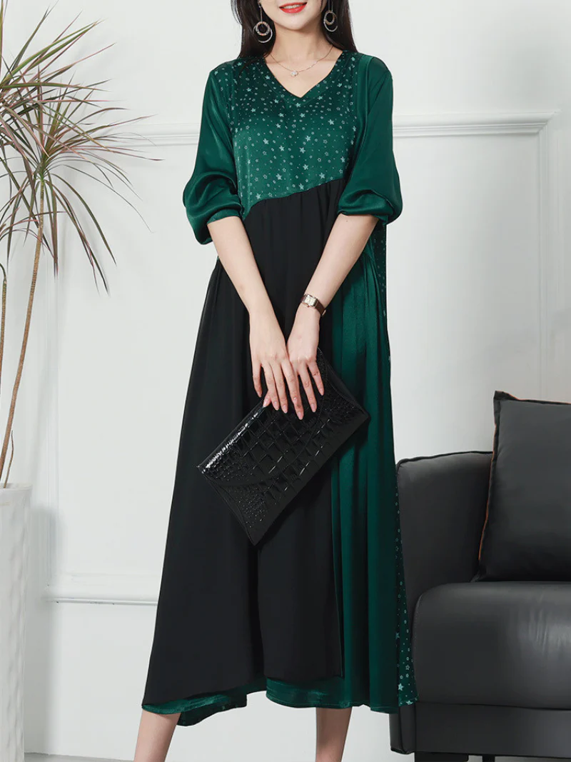 Fashionable V-neck Neck Middle Waist Star Pattern Midi-Dress - Image 3