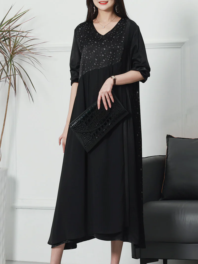 Fashionable V-neck Neck Middle Waist Star Pattern Midi-Dress - Image 4