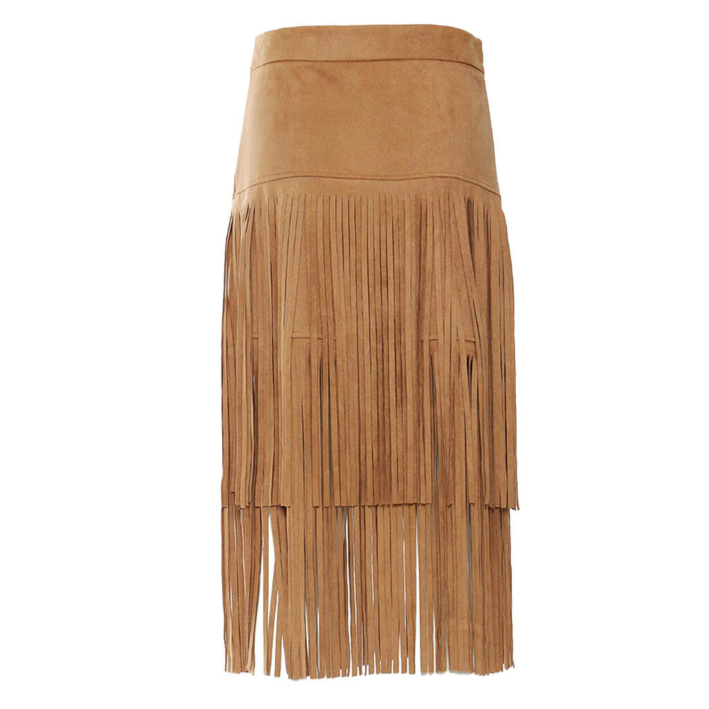 Western Style Solid Color Faux Suede Tiered Fringe Midi Skirt - Image 3