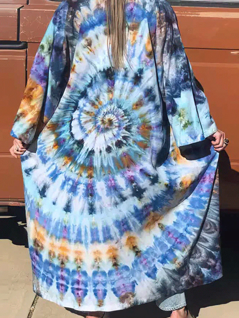 Tie-Dye Print Multicolor Polyester Long Length Gown Kimono Duster Robe - Image 2