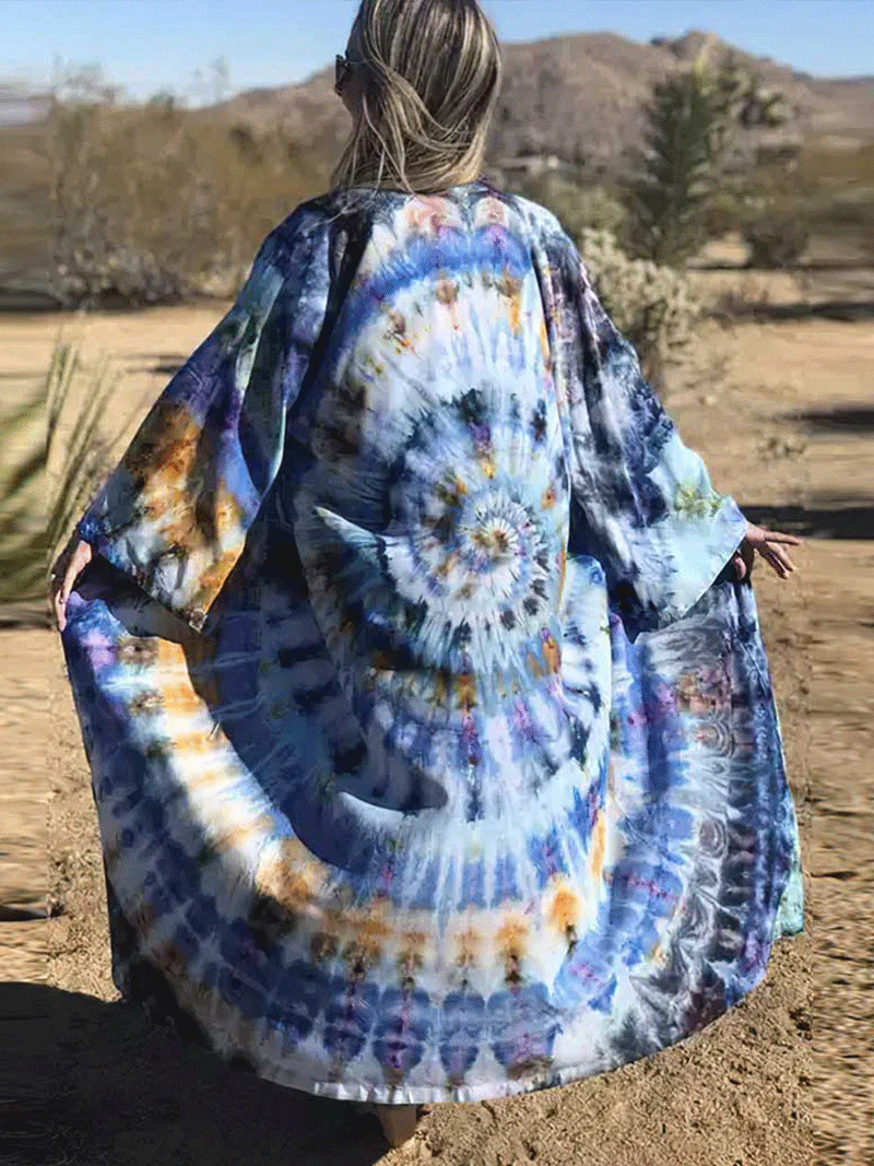 Tie-Dye Print Multicolor Polyester Long Length Gown Kimono Duster Robe - Image 4