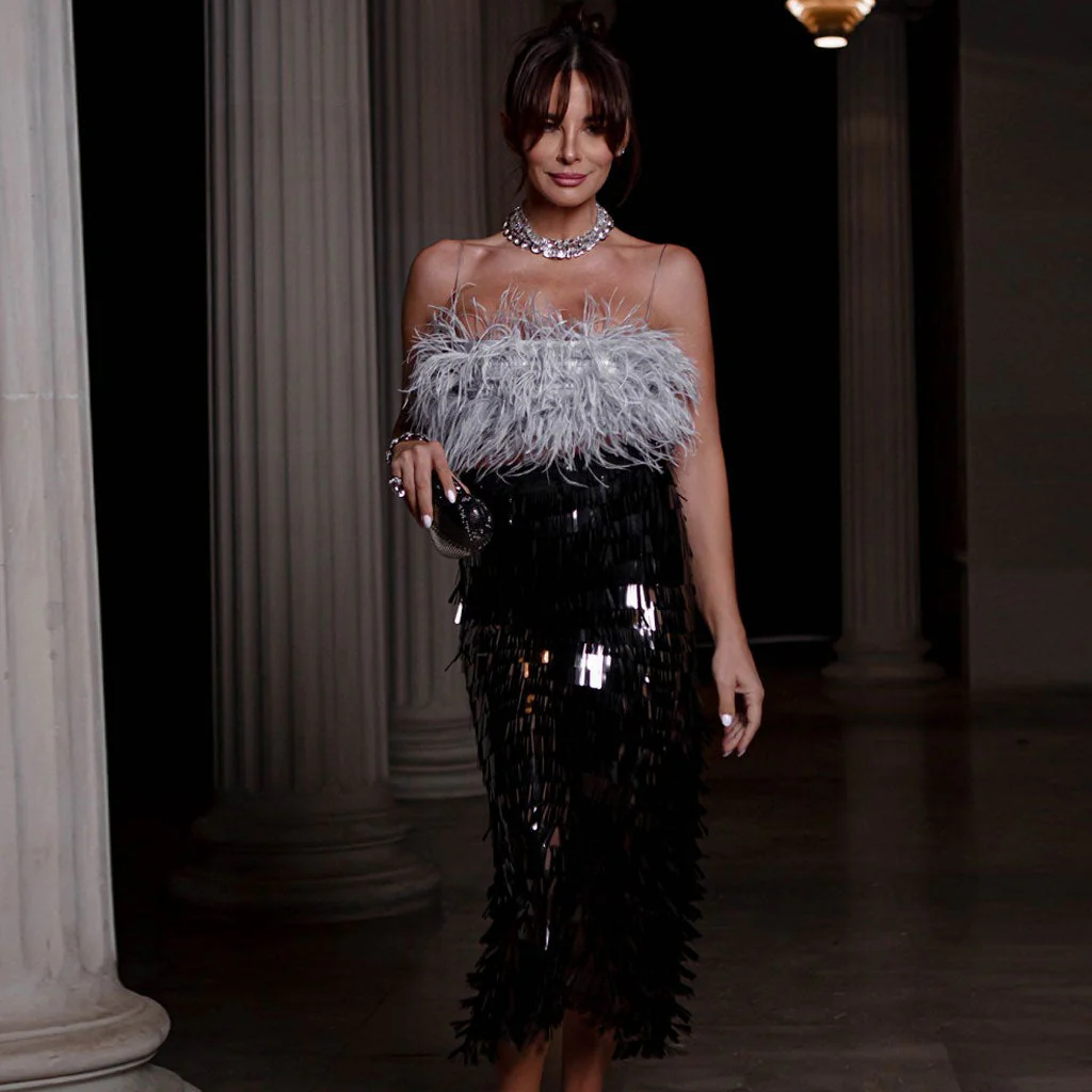Whimsical Feather Trim Bralette Layered Fringe Midi Bodycon Cocktail Matching Set - Image 2