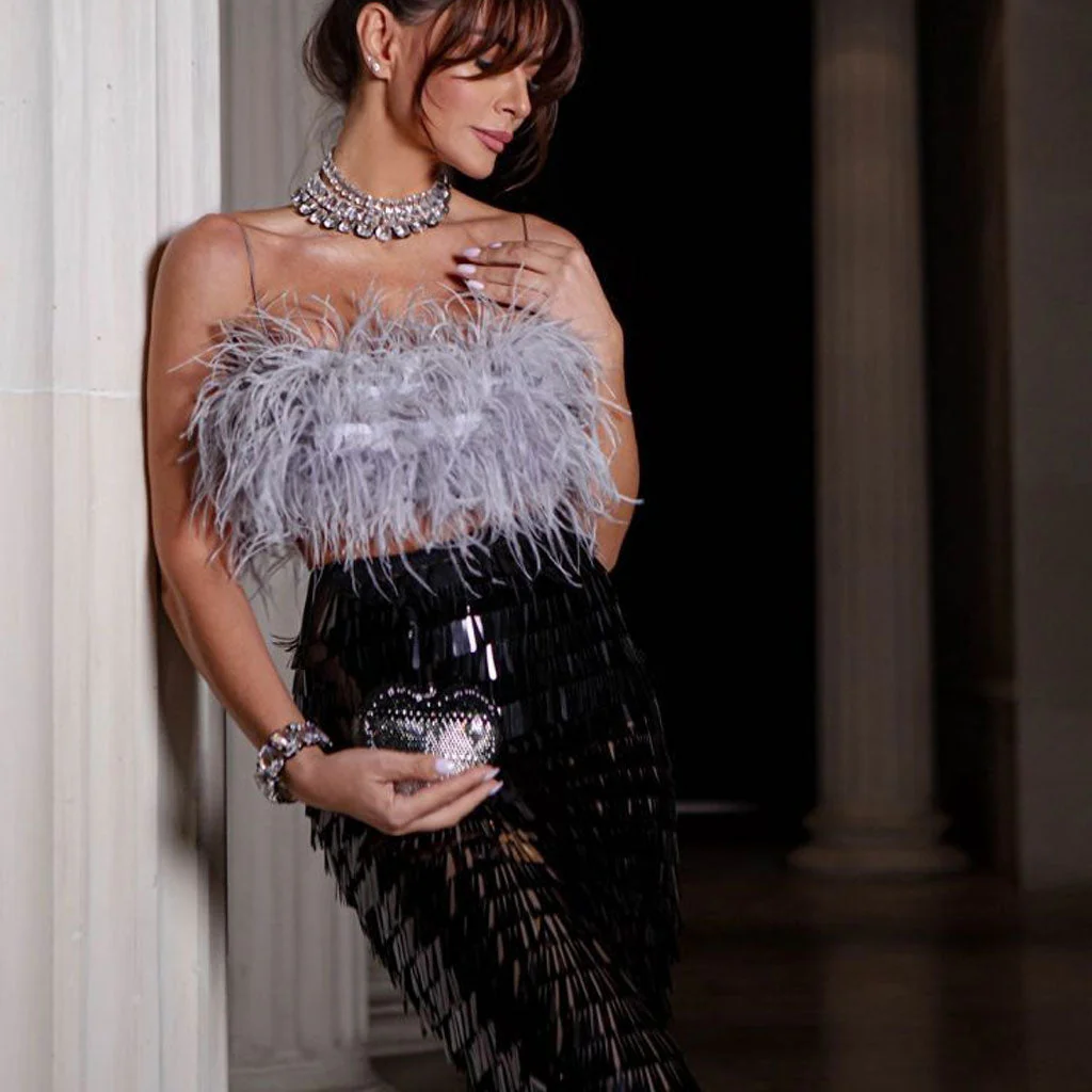 Whimsical Feather Trim Bralette Layered Fringe Midi Bodycon Cocktail Matching Set - Image 3