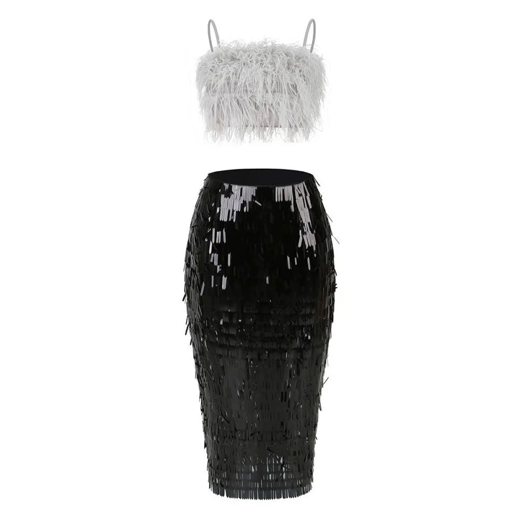 Whimsical Feather Trim Bralette Layered Fringe Midi Bodycon Cocktail Matching Set - Image 5