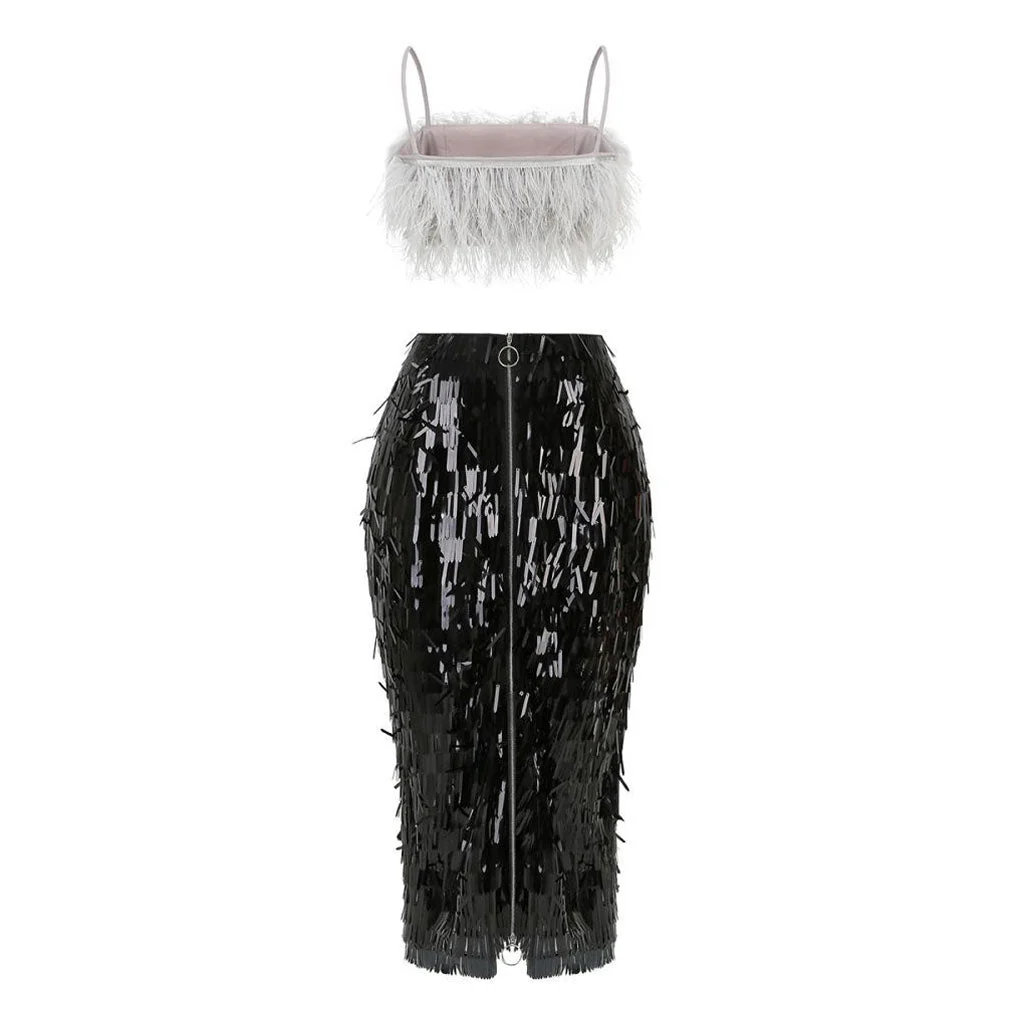 Whimsical Feather Trim Bralette Layered Fringe Midi Bodycon Cocktail Matching Set - Image 6
