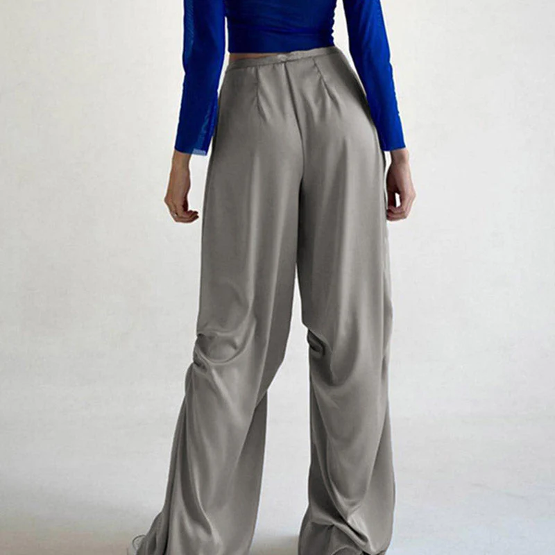 Whimsical Low Waist Drawstring Satin Wide Leg Baggy Pants - Gray - Image 3