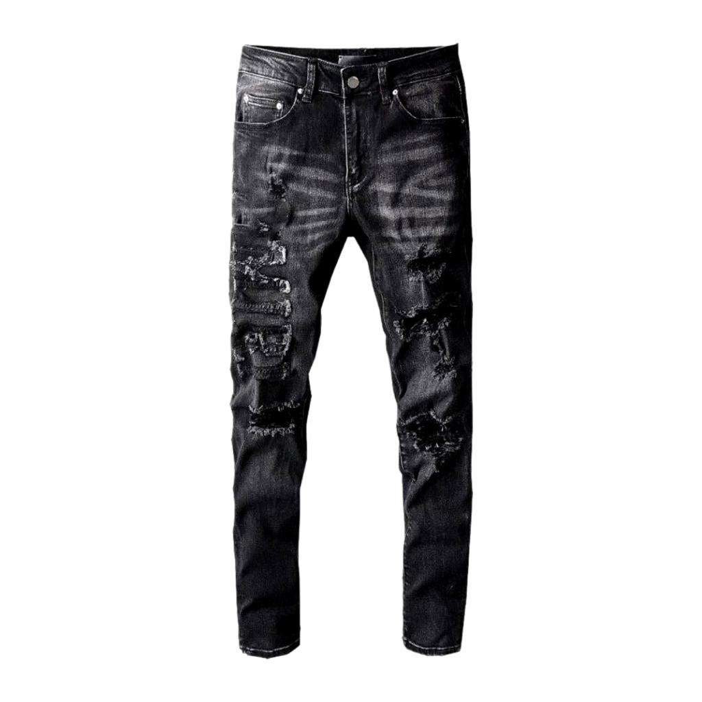 Whiskered distressed black men's jeans - Image 2