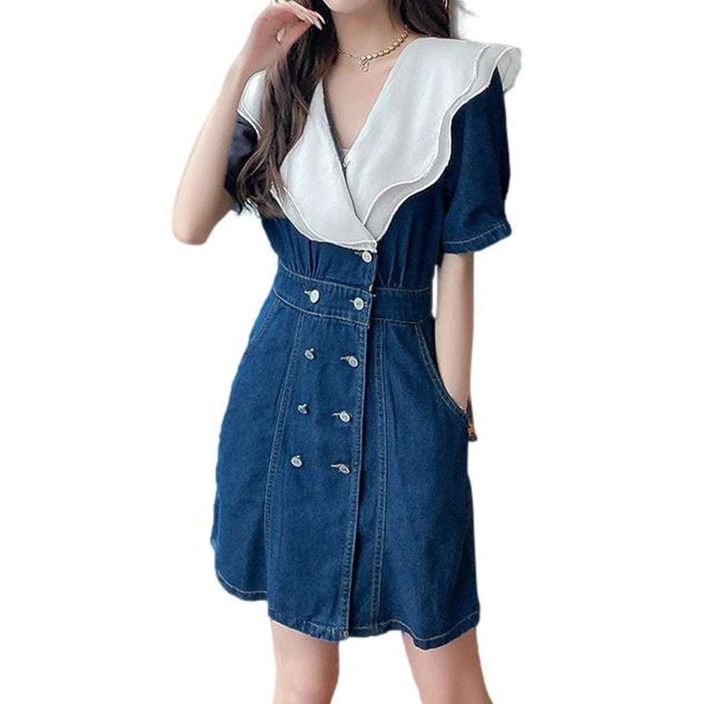 White collar short denim dress - Image 2