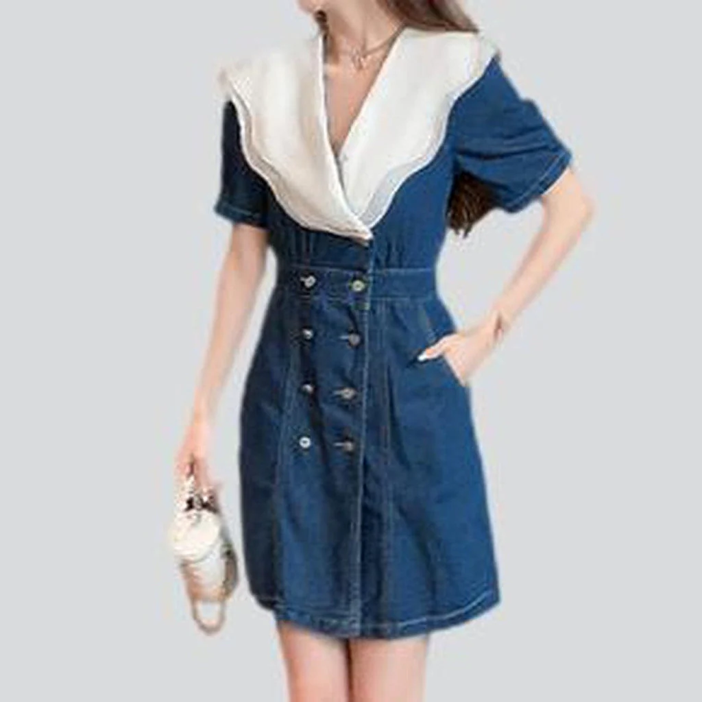 White collar short denim dress - Image 3