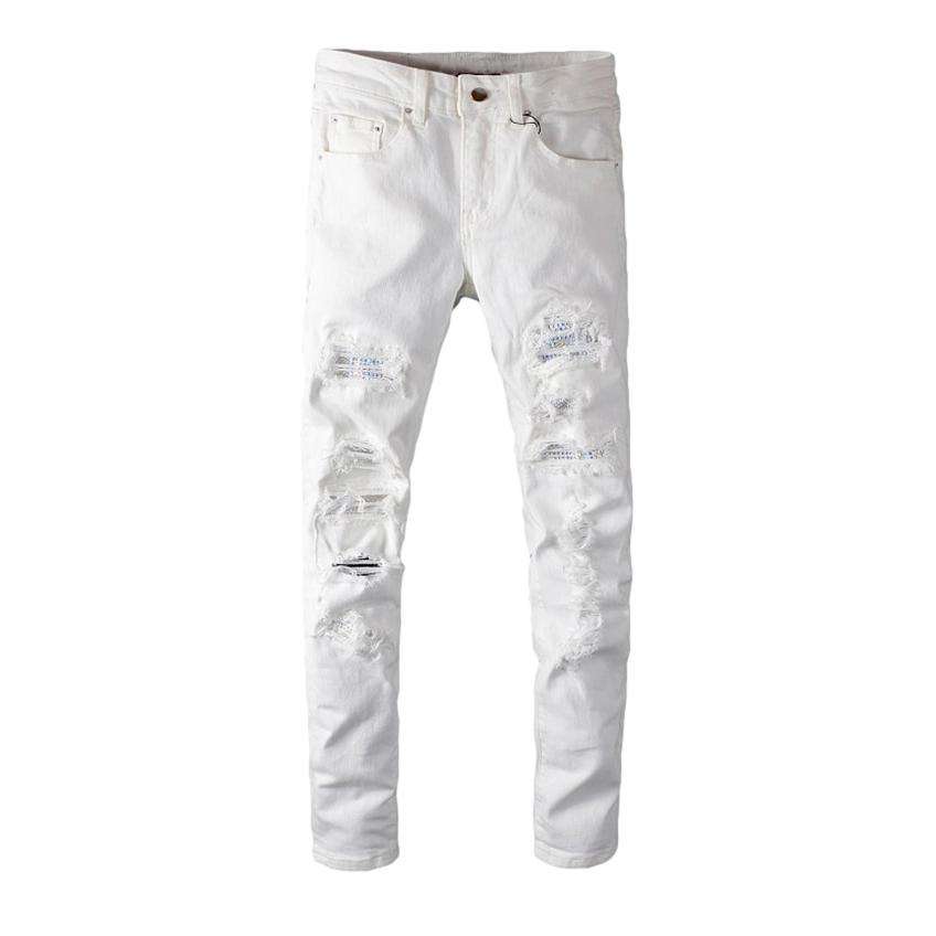 White crystal patchwork men's jeans - Image 2