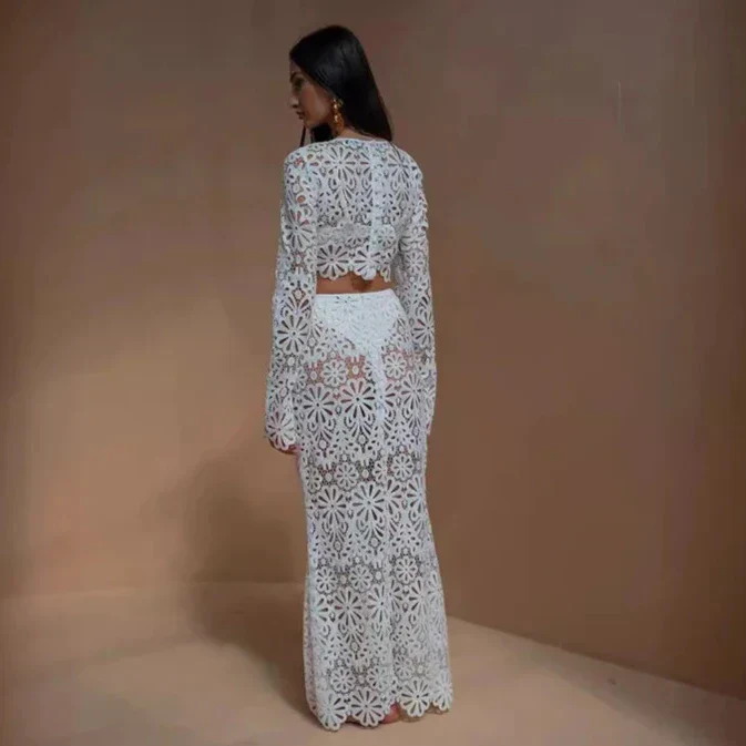 EMBROIDERY Hollow Out BEACH TOP and Skirt SET - Image 3