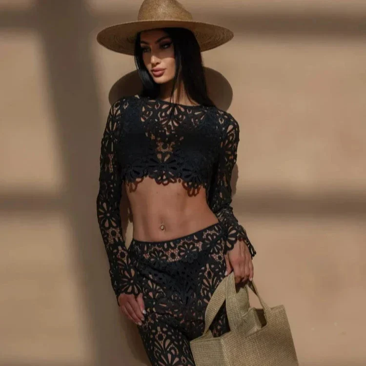 EMBROIDERY Hollow Out BEACH TOP and Skirt SET - Image 5
