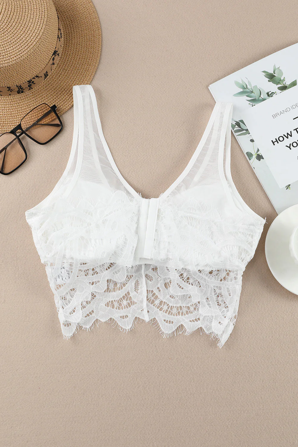 White Floral Lace Mesh Crochet Wide Strap V Neck Bralette - Image 5