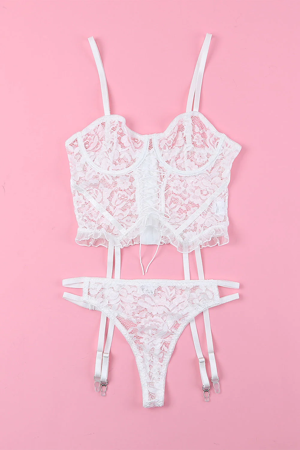 White Lace Criss Cross Lace-Up Ruffled Two-Piece Lingerie Set - Image 16