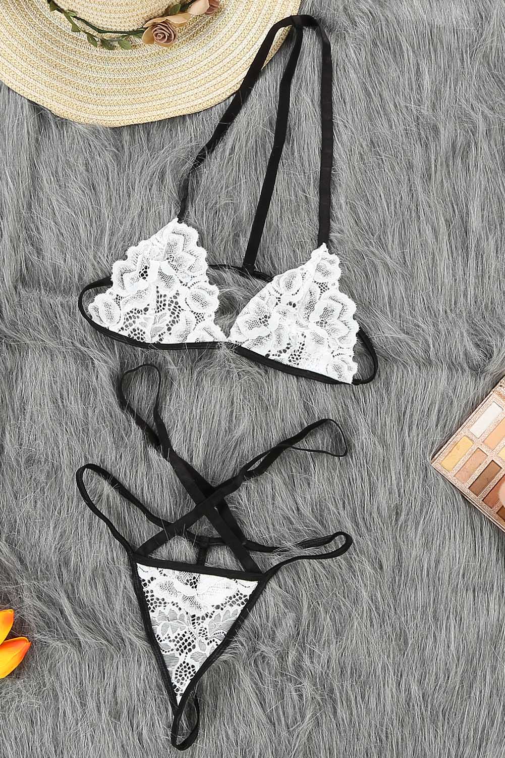 White Lace Halter Bralette And Strappy Thong Set - Image 6