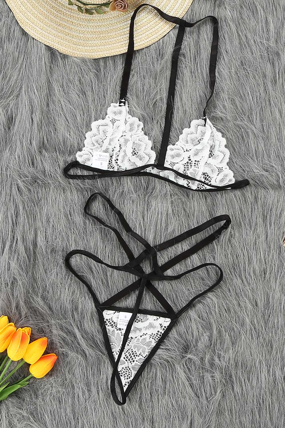 White Lace Halter Bralette And Strappy Thong Set - Image 7