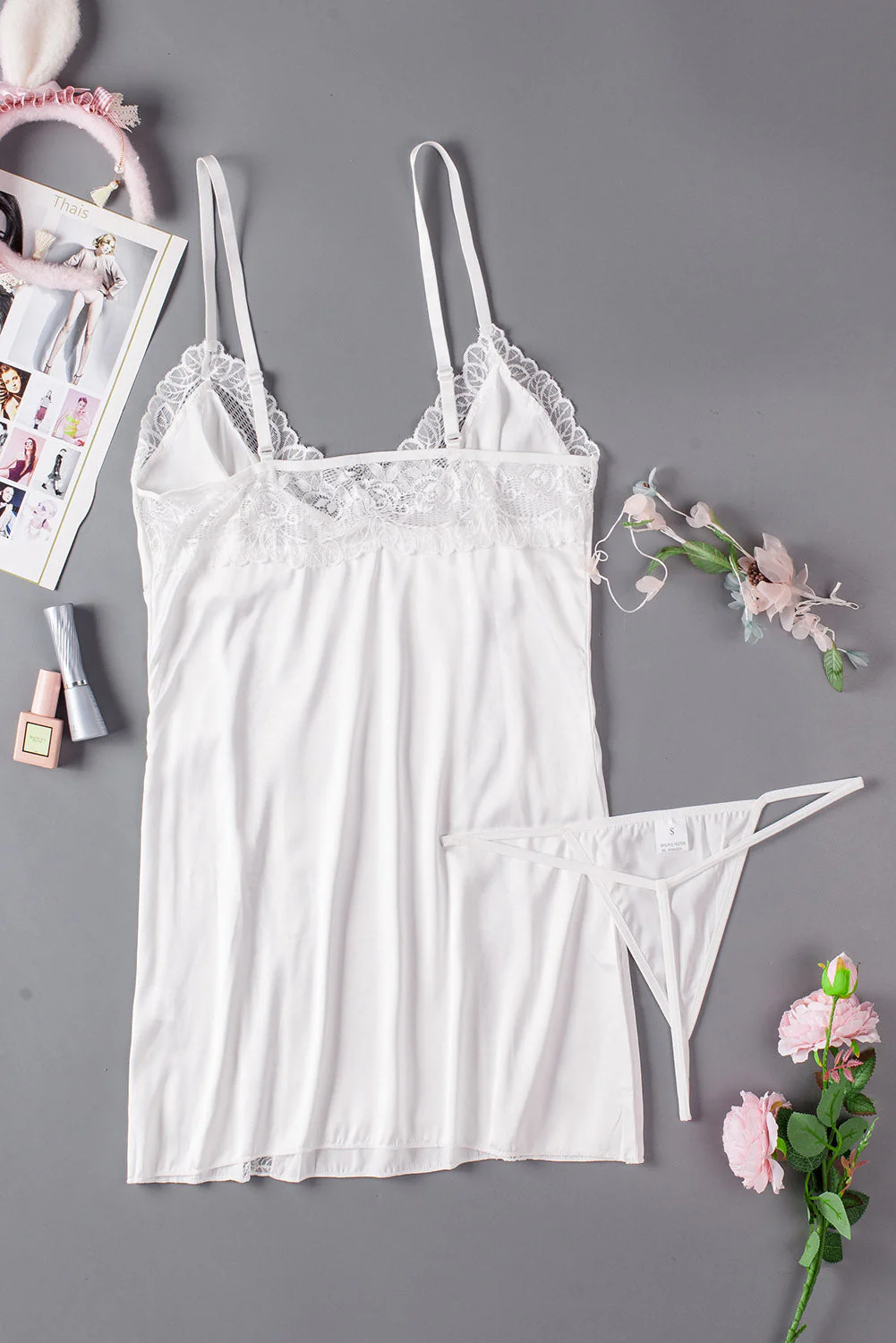 White Lace Hollow Out Satin Babydoll - Image 16
