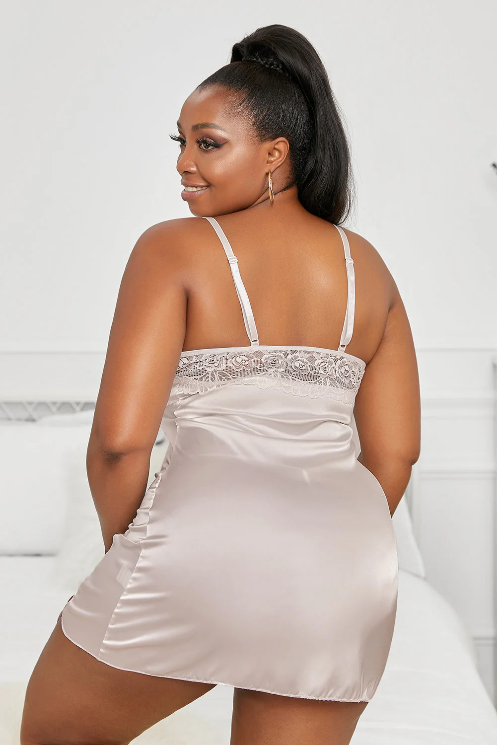 White Lace Hollow Out Satin Babydoll - Image 7