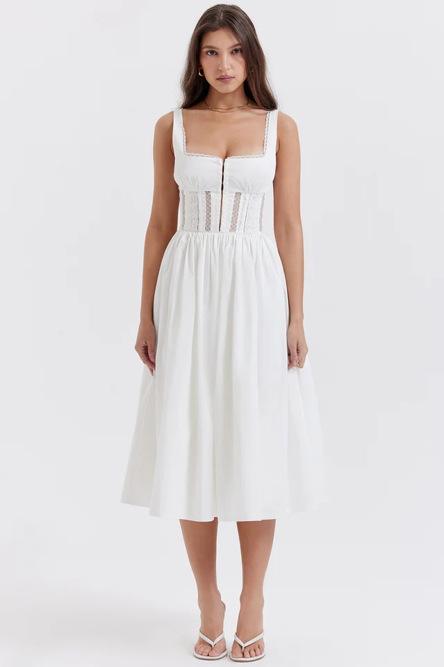 White Lace Trim Midi Dress - Image 3