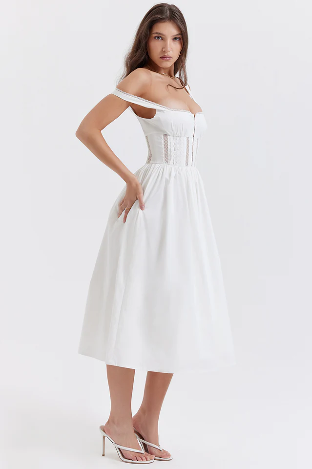 White Lace Trim Midi Dress - Image 4