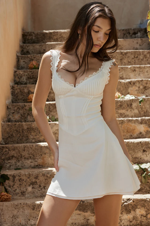 White Pin Pleated Mini Dress - Image 11