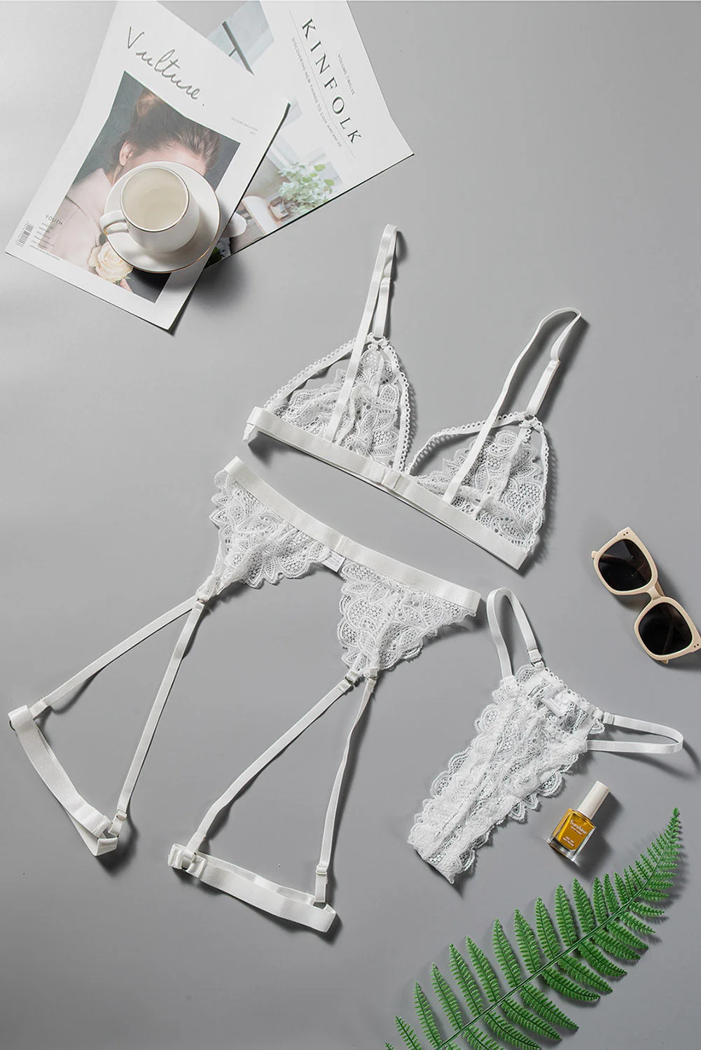 White Solid Lace Bralette Lingerie Set - Image 6