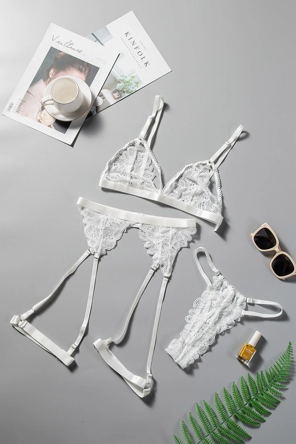 White Solid Lace Bralette Lingerie Set - Image 7
