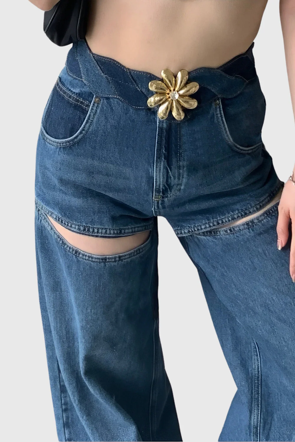 Wide Jeans with Front Cuts - Blue - Image 2