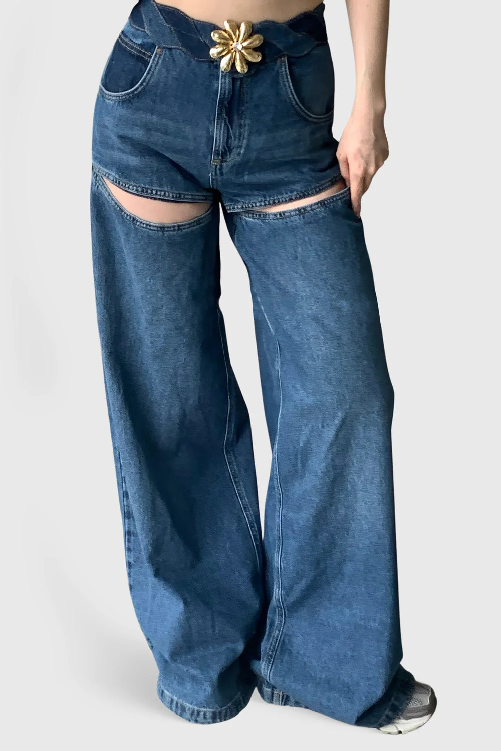 Wide Jeans with Front Cuts - Blue - Image 3