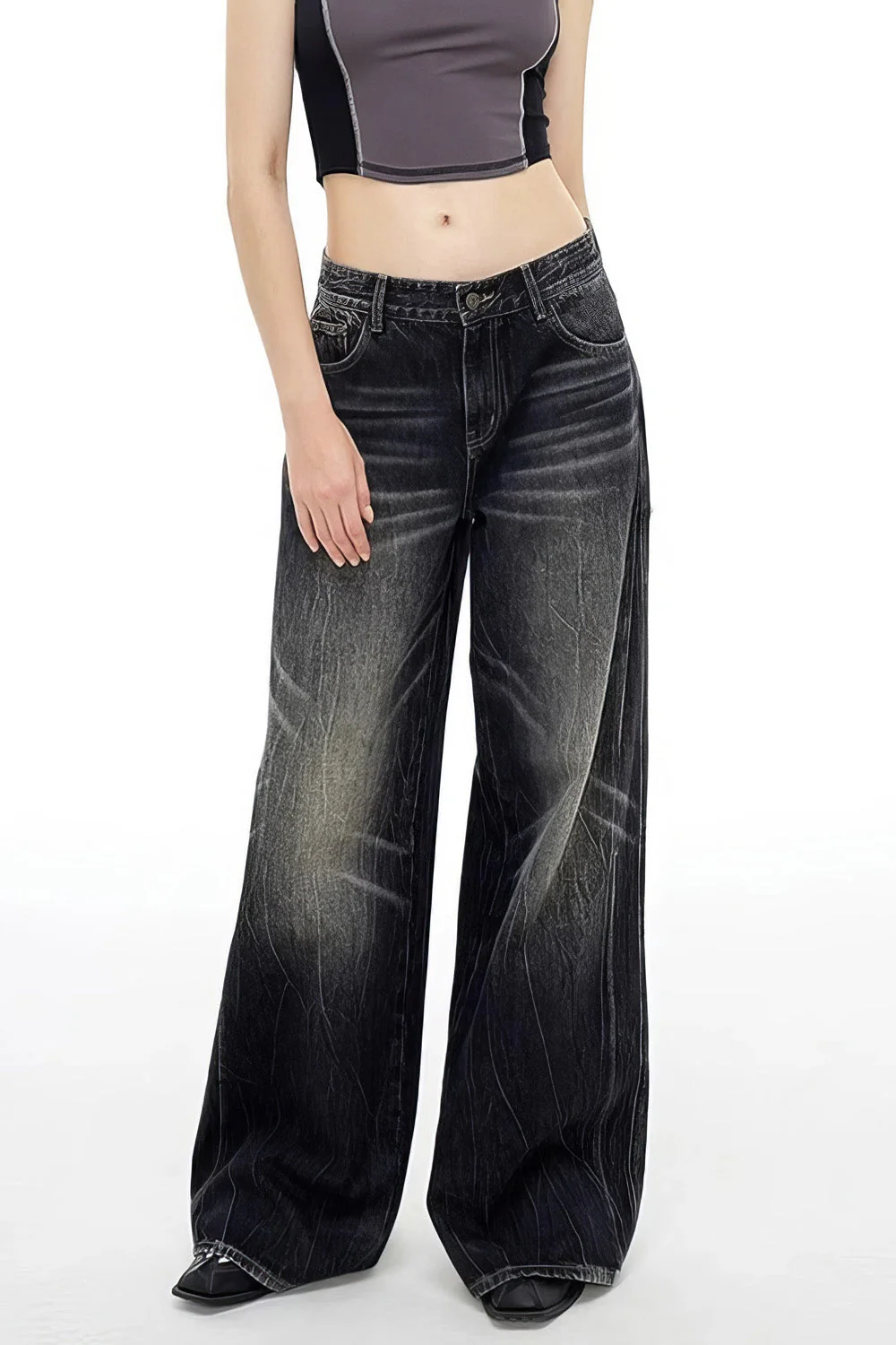 Wide Jeans with Washed Details - Grey - Image 4