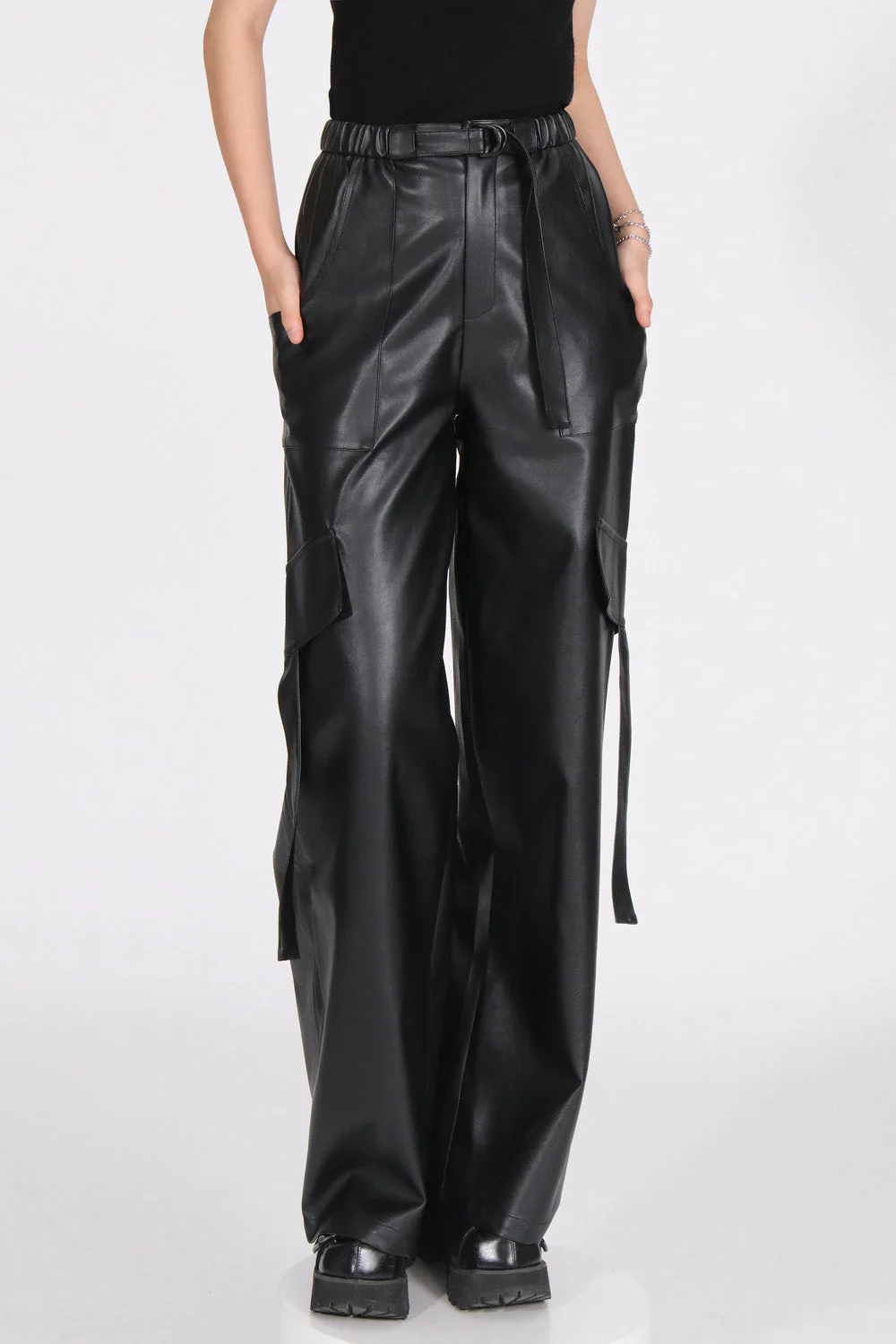 Wide Leather Trousers - Black - Image 4