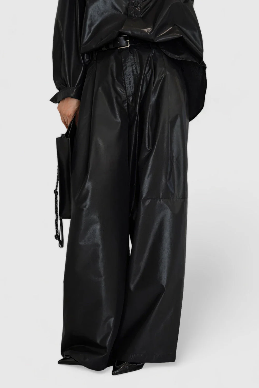Wide Leather Trousers with Pockets - Black - Image 2