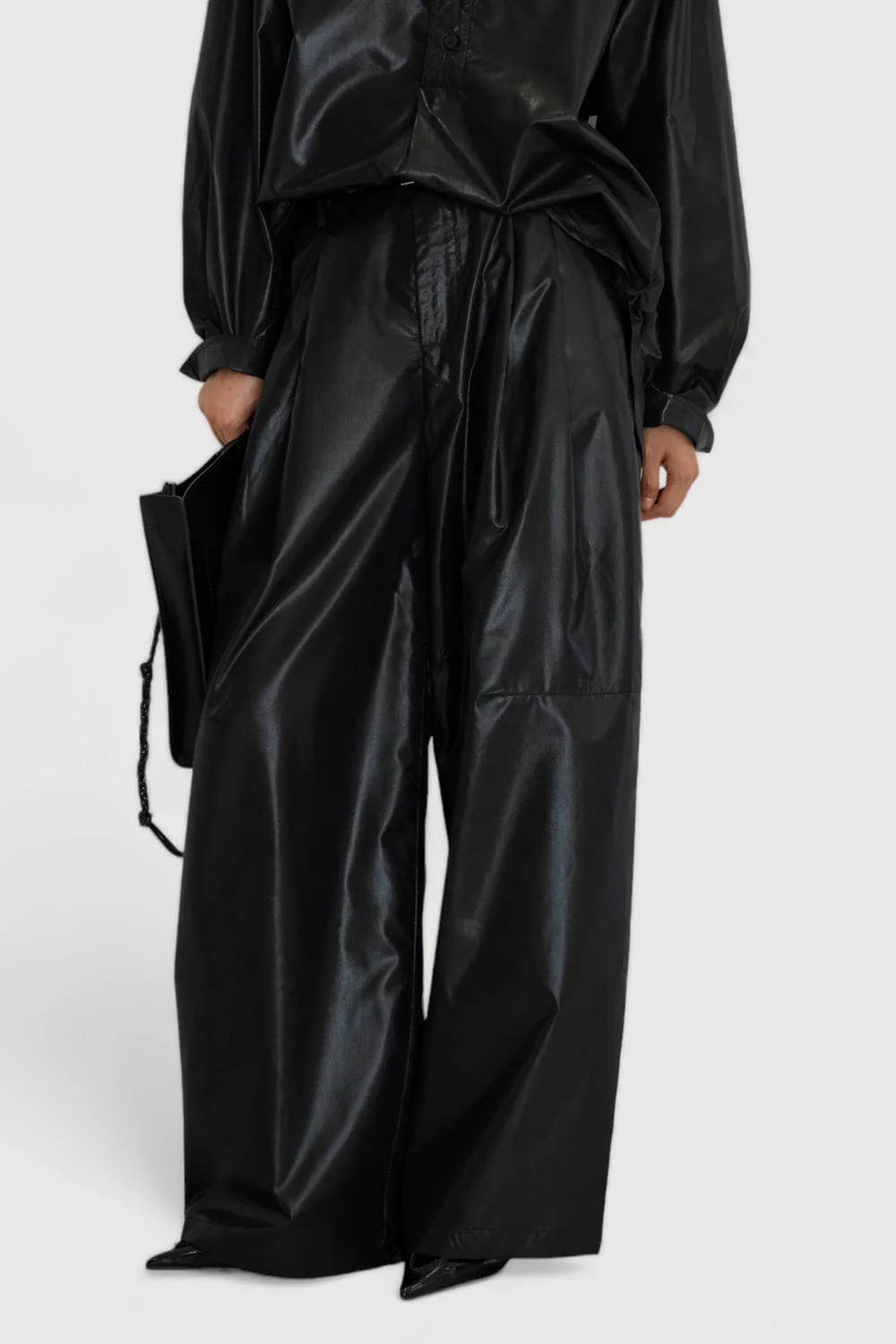 Wide Leather Trousers with Pockets - Black - Image 3