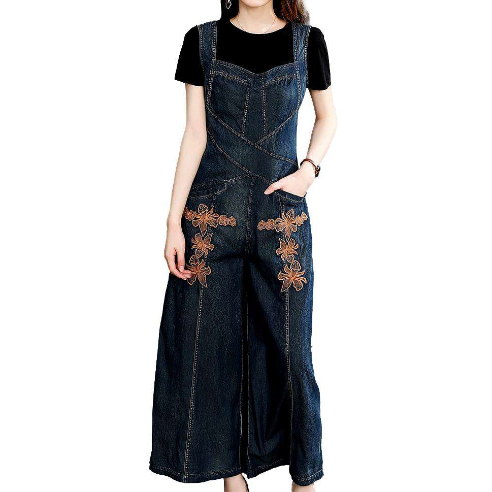 Wide-leg embroidered denim overall - Image 2