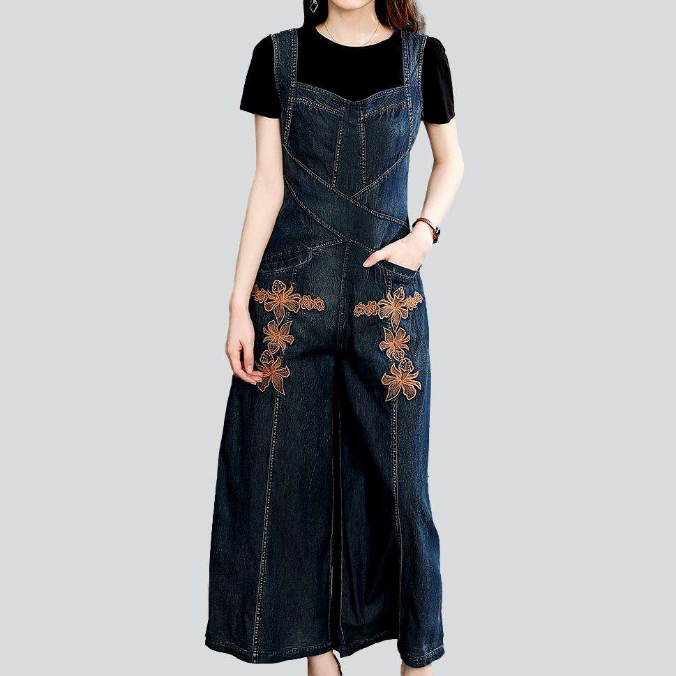 Wide-leg embroidered denim overall - Image 3