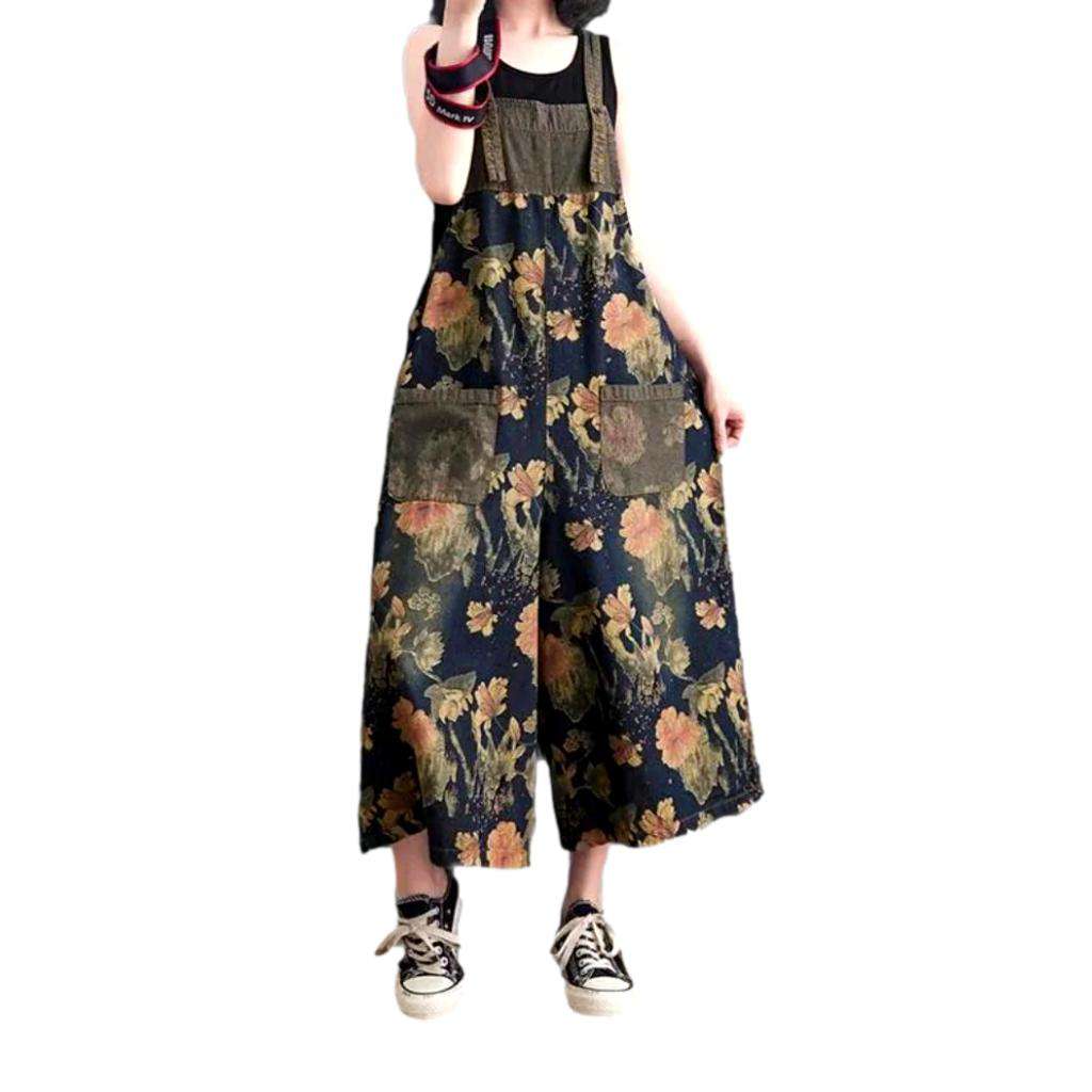 Wide-leg flowery women's denim jumpsuit - Image 3