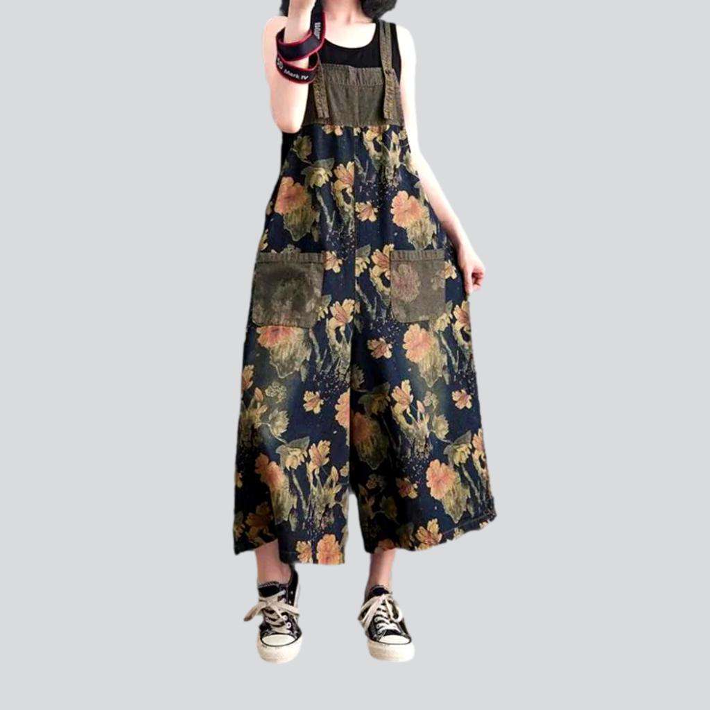 Wide-leg flowery women's denim jumpsuit - Image 4