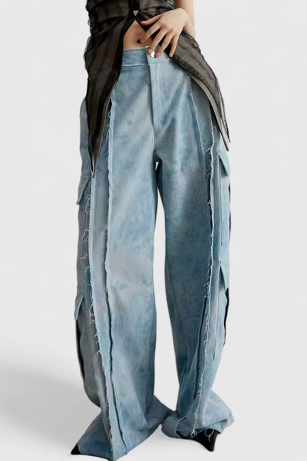 Wide Leg Jeans with Stitching - Blue - Image 3