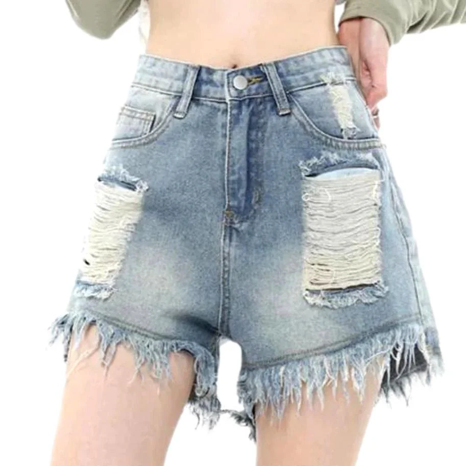 Wide-leg ripped women's denim shorts - Image 2