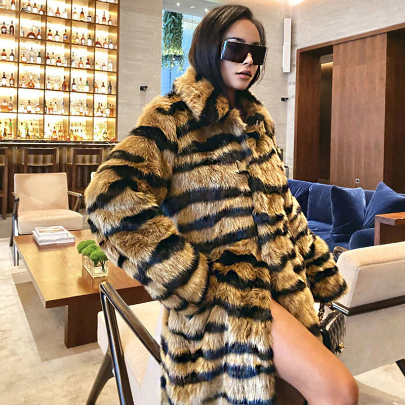 Wild Animal Print Open Front Collared Faux Fur Teddy Trench Coat - Tiger - Image 2
