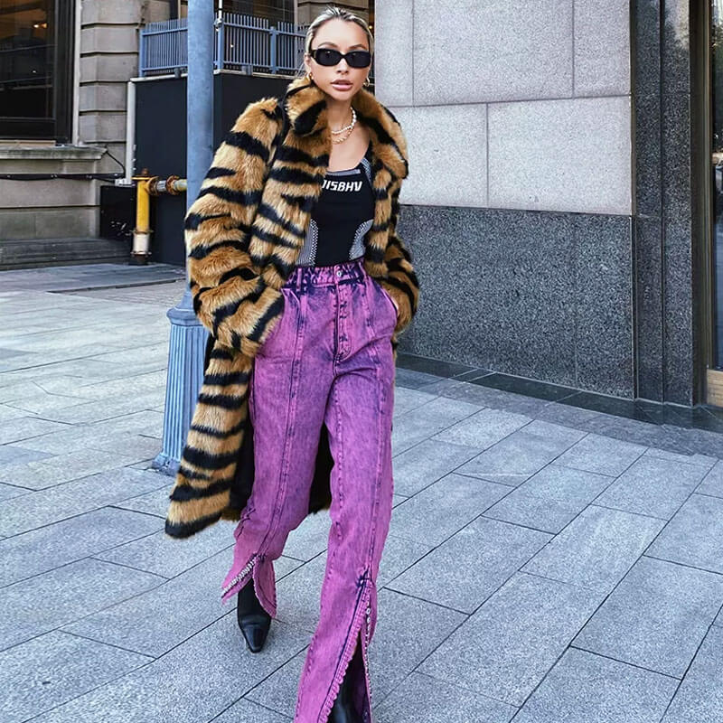 Wild Animal Print Open Front Collared Faux Fur Teddy Trench Coat - Tiger - Image 3