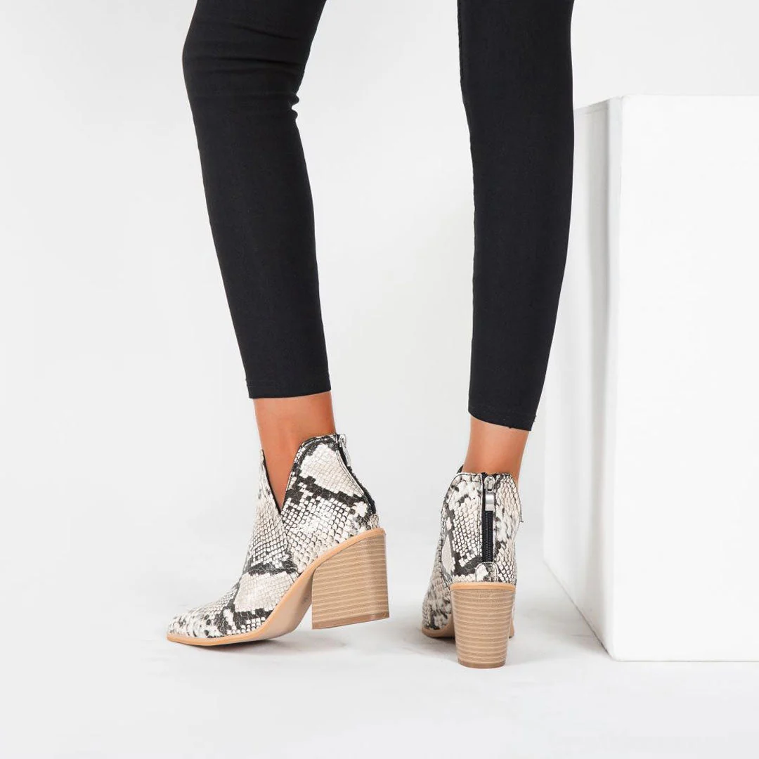 Wild Faux Leather Pointed Toe Notch Chunky Heel Ankle Boots - Snake - Image 2