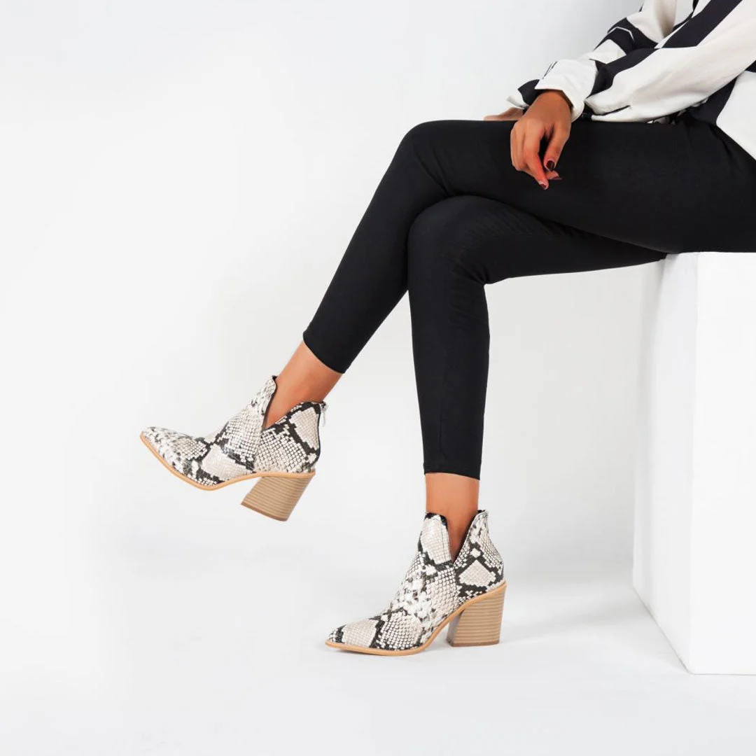 Wild Faux Leather Pointed Toe Notch Chunky Heel Ankle Boots - Snake - Image 3