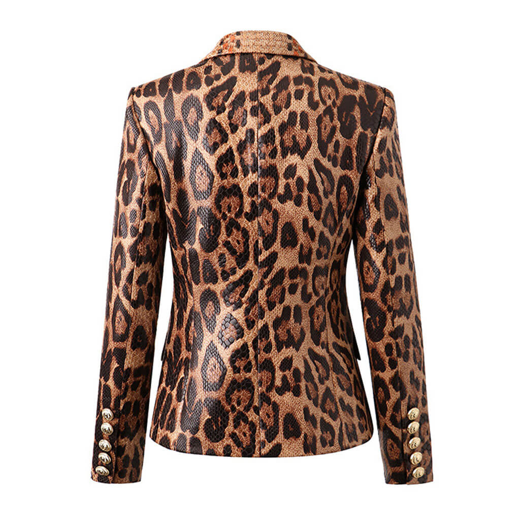 Wild Leopard Print Vegan Leather Peak Lapel Double Breasted Tailored Blazer - Image 2