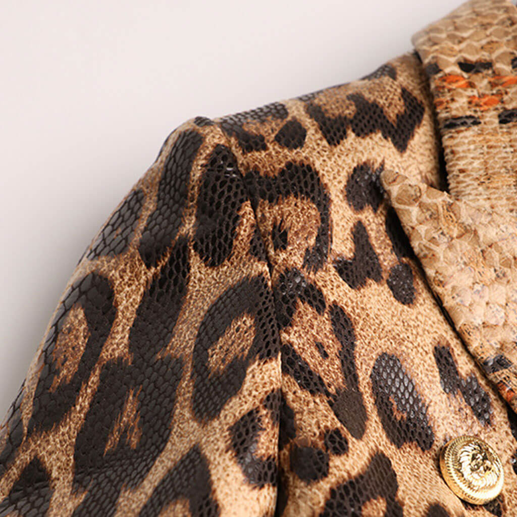 Wild Leopard Print Vegan Leather Peak Lapel Double Breasted Tailored Blazer - Image 3