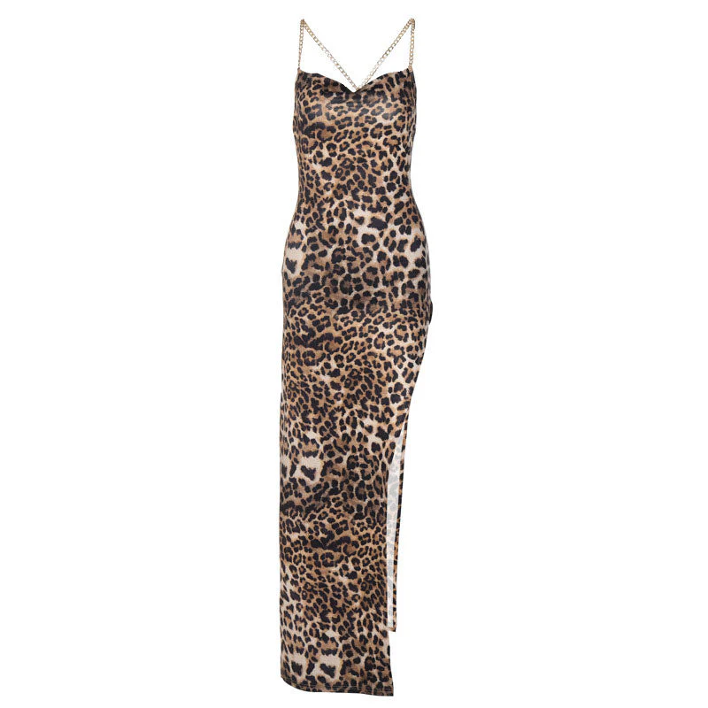 Wild Printed High Slit Cowl Neck Cross Chain Backless Maxi Dress - Leopard - Image 5